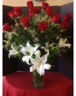 2 dozen roses with lilies