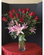 Red Roses and Red Berries and Stargazer Lilies