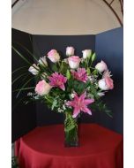 Tall Arrangement of Roses and Stargazer Lilies