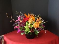 Green orchids, purple roses and birds of paradise with barries in a vase