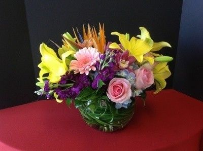 Bubble Bowl with Yellow Lilies and Pink Roses