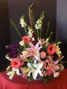 Flowers for a funeral in shades of pink