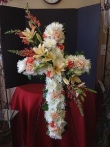Funeral Flowers Cross with Lilies Mums and Rose Cross
