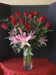 Red Roses and Red Berries and Stargazer Lilies
